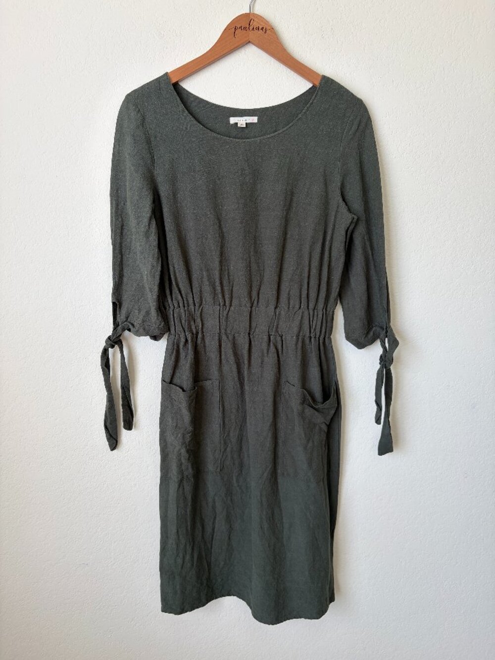 Le Lis Dress Womens Small Olive Green 100% Cotton Tie Pockets Midi Utility S